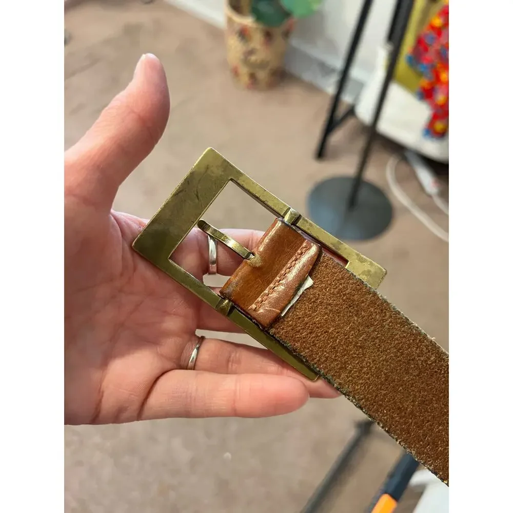 Vintage 90s Worn in Genuine Leather Gold Buckle Belt England Made Size Medium